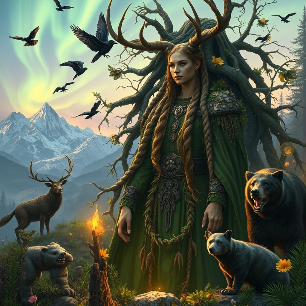 Norse Goddess Jord in Sacred Twilight Glade