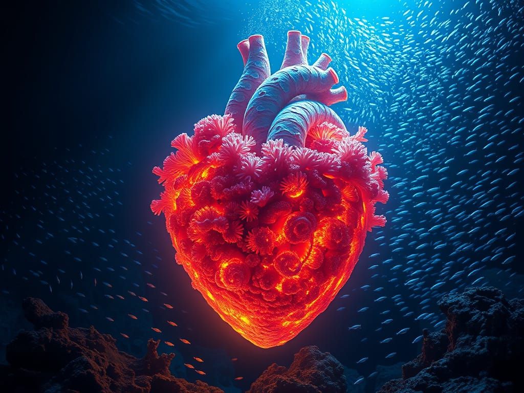 Glowing Coral Heart in Ocean Abyss Digital Painting