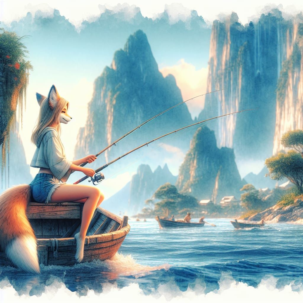 Fox Hybrid Fishing water colour painting