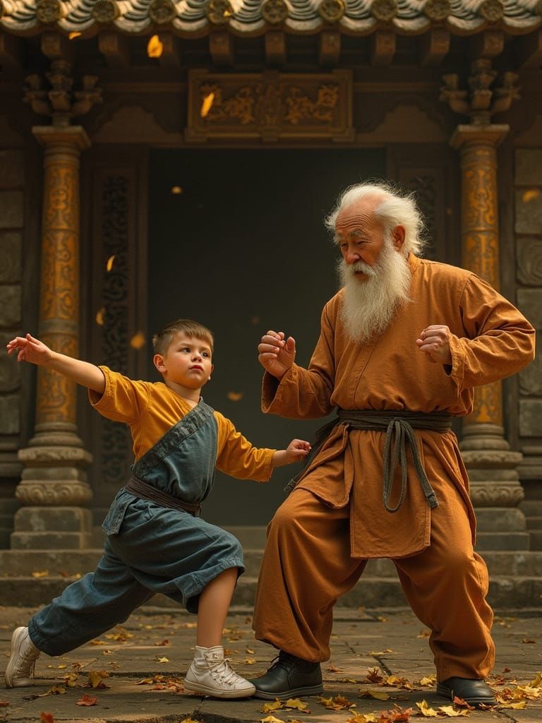 Harmonious Martial Arts Scene on Stone Temple Courtyard