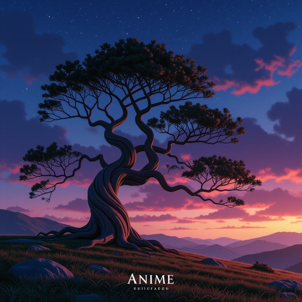 Ancient Gnarled Tree on Windswept Hill in Anime Style