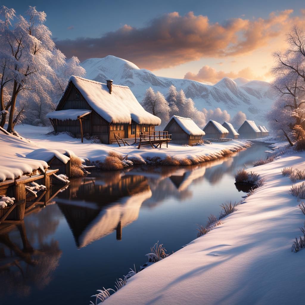 Winter Village Riverscape: Detailed Matte Painting