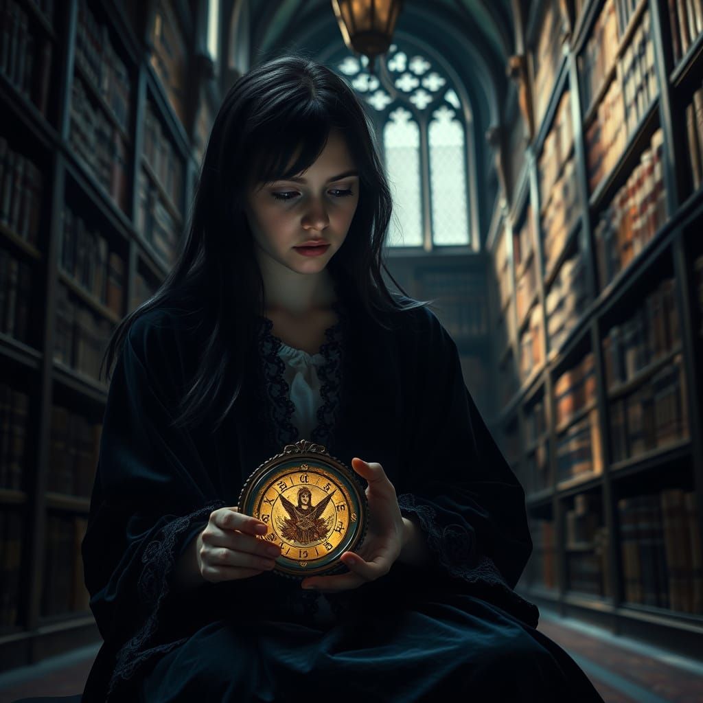 Melancholic Girl with Spectral Mirror in Gothic Library