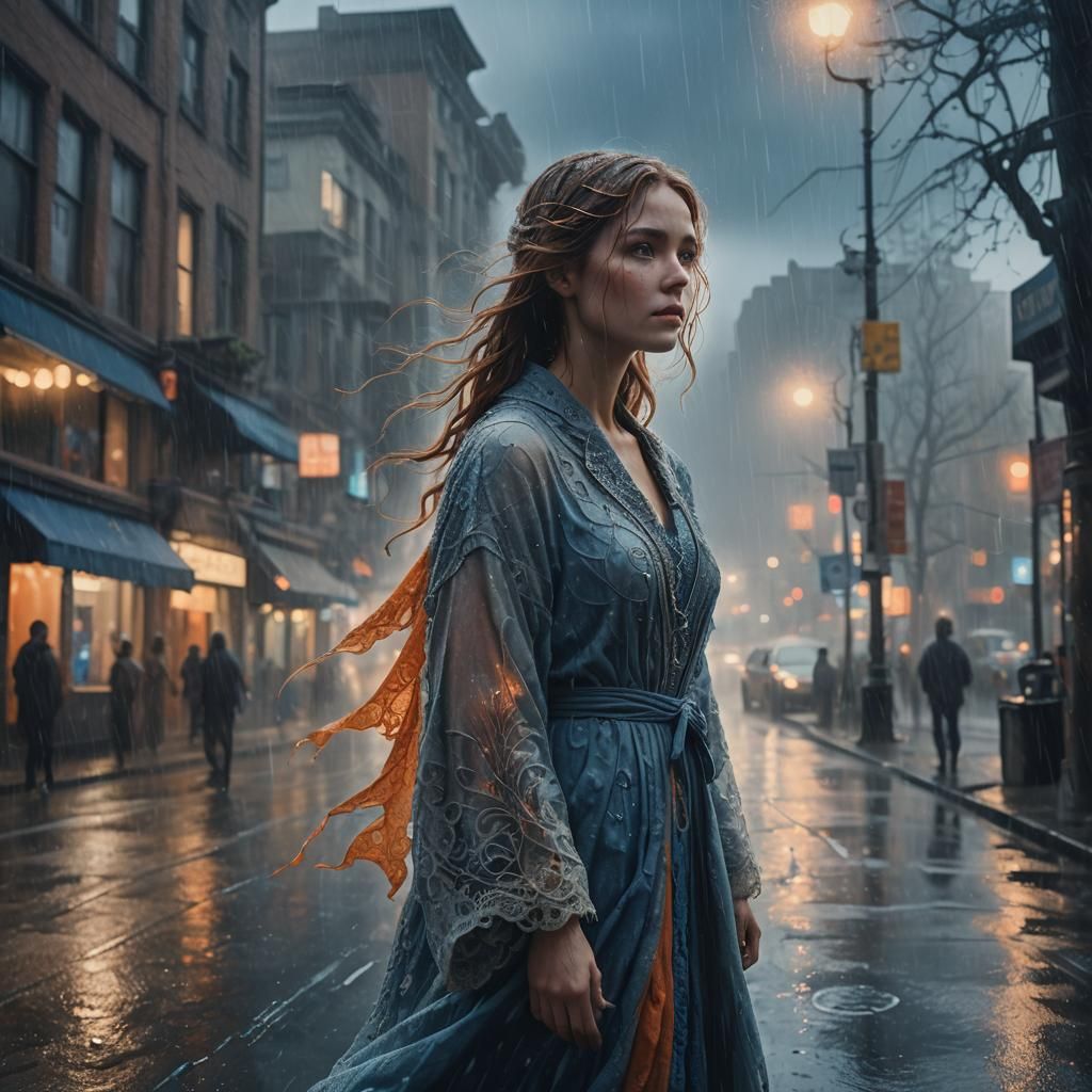Wind Woman Gazing at Rainy World: Fantasy Concept Art