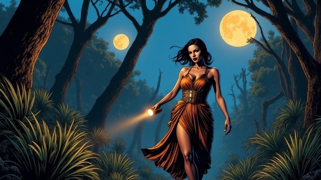 Woman in Chiton Searches Midnight Garden