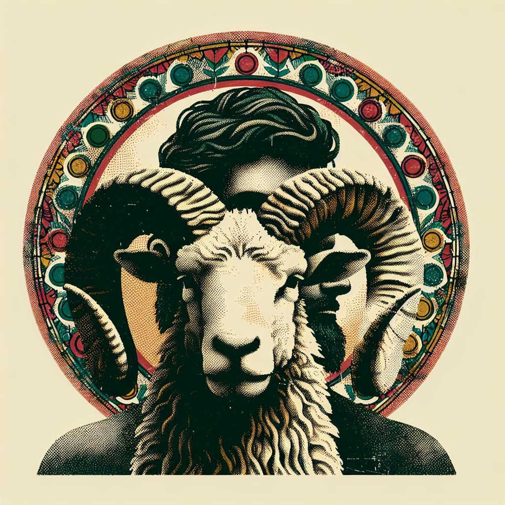 Vintage Image of Figure with Ram and Geometric Border