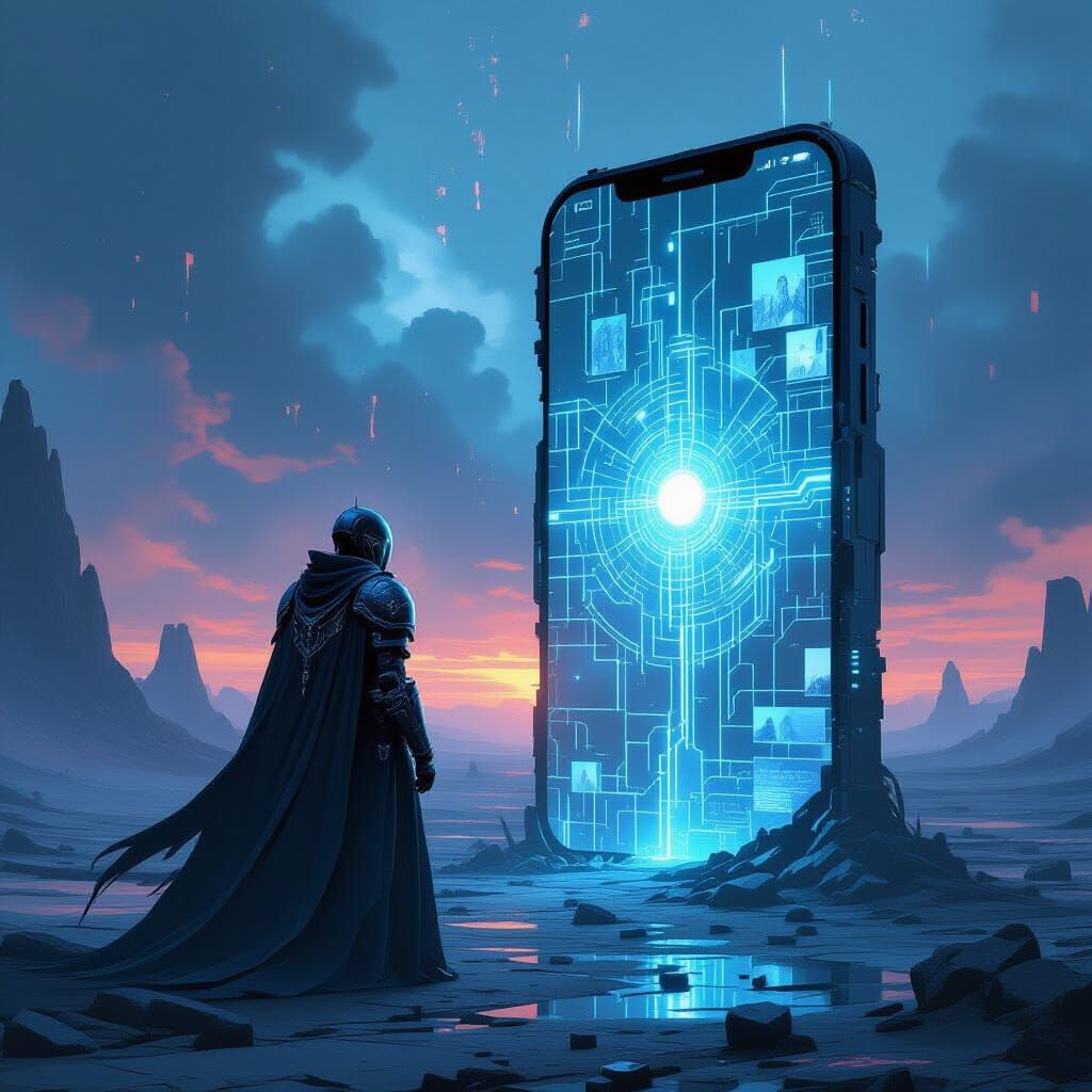 Cyborg Knight Before Giant Broken Smartphone