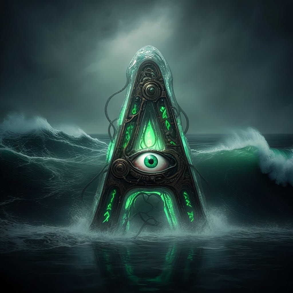 Glowing Biomechanical Vessel Soars Amidst Turbulent Waves