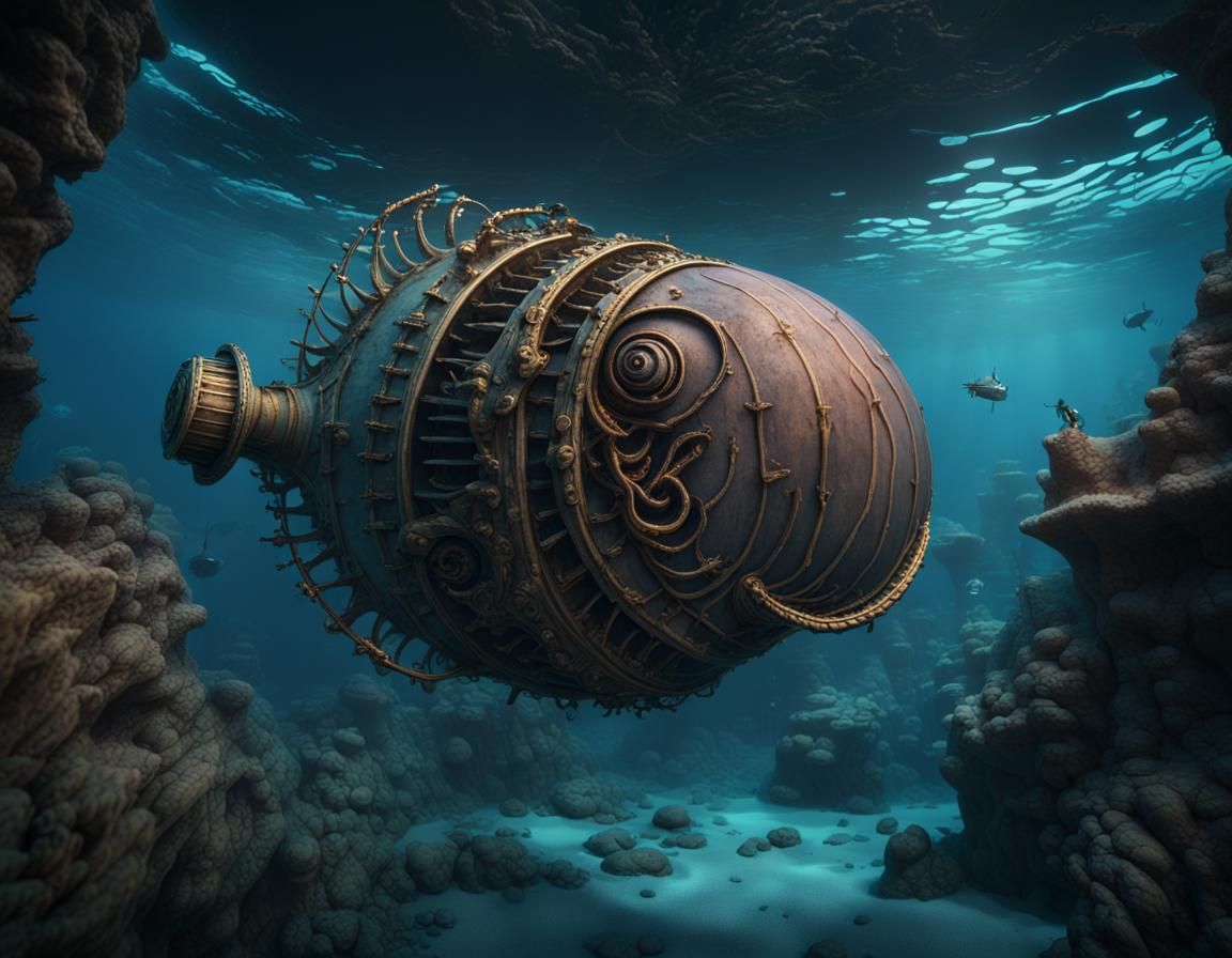 Nautilus Submarine Deep Underwater: Detailed Matte Painting