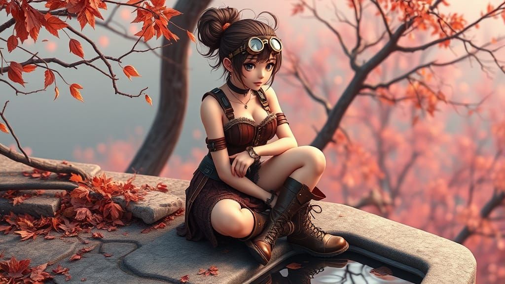 Steampunk Girl Amidst Autumn Wonder