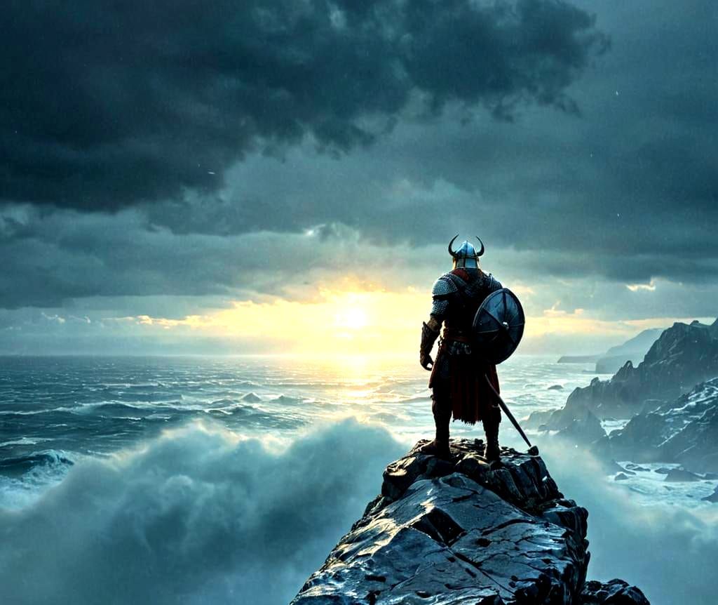 Viking Warrior Overlooking Stormy Seascape