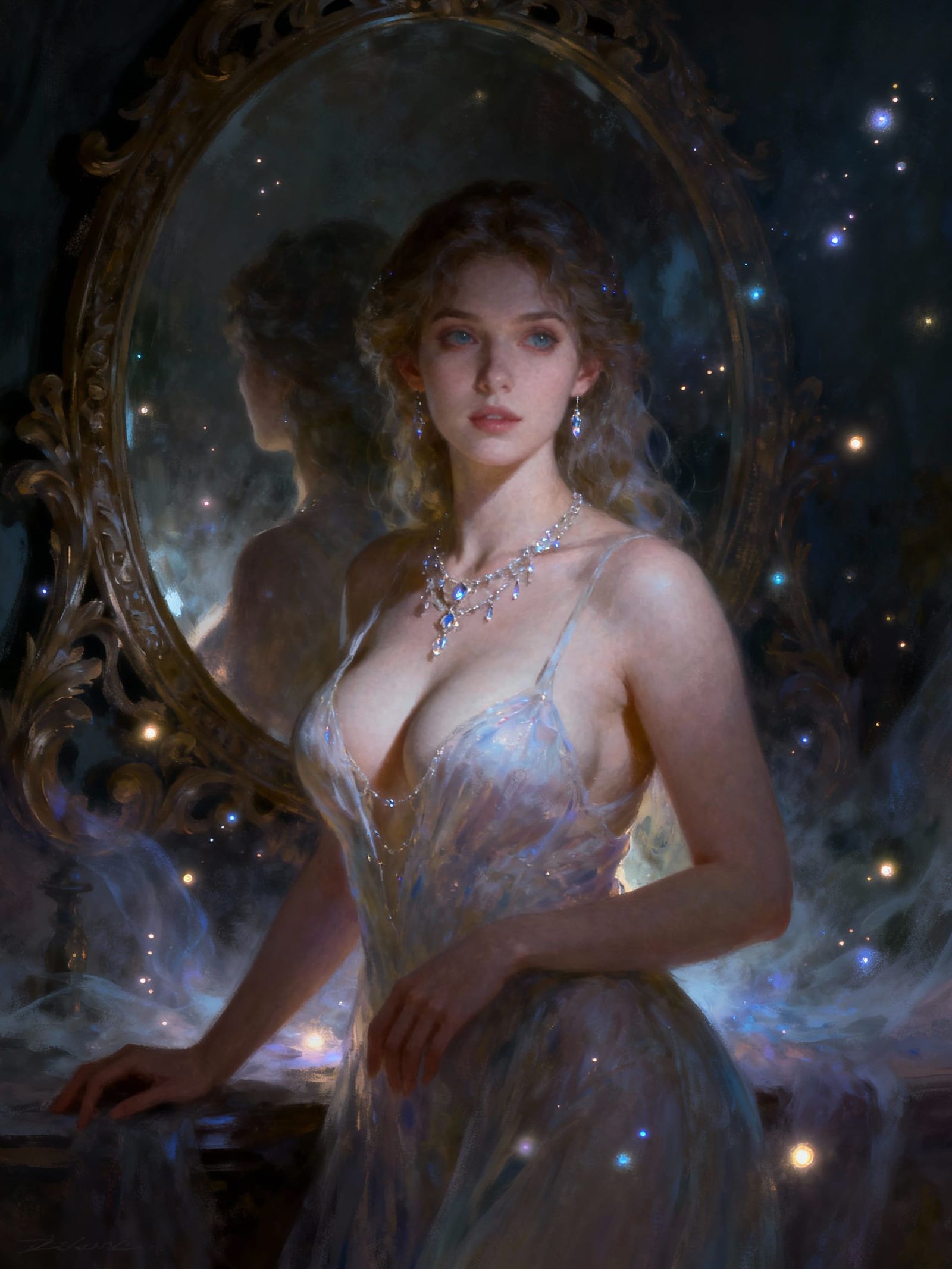 Serene Fantasy Goddess in Dimly Lit Room