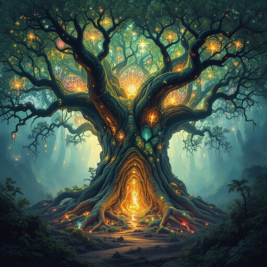Colossal Tree of Destiny in Surreal Dark Fantasy Style