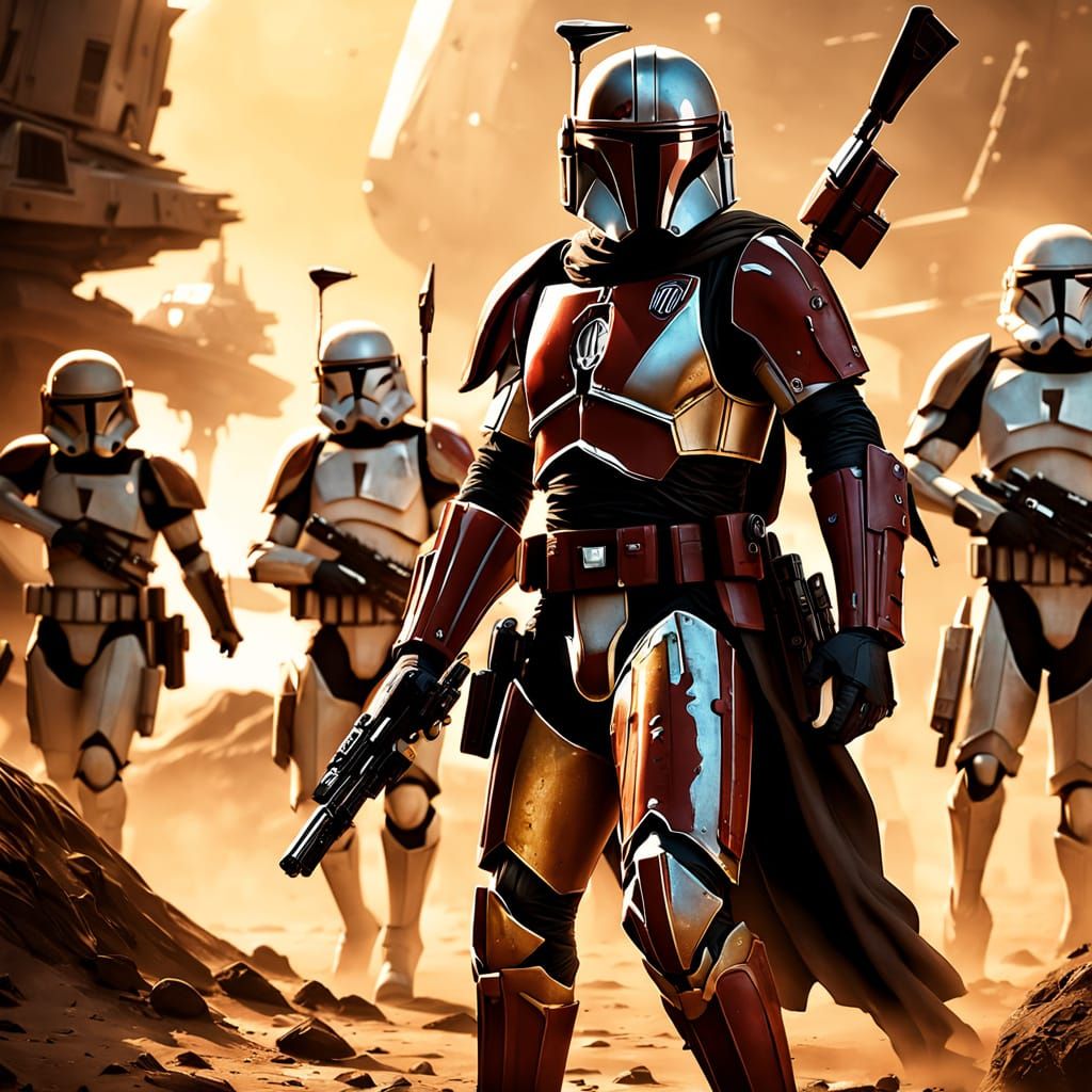 Heroic Mandalorian Jedi Leads Clone Troopers into Battle
