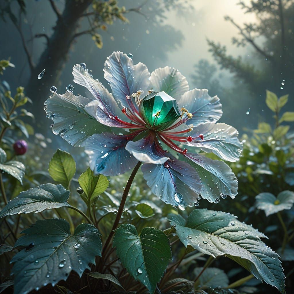 Ruby Flower with Jeweled Accents in Dreamy Realism