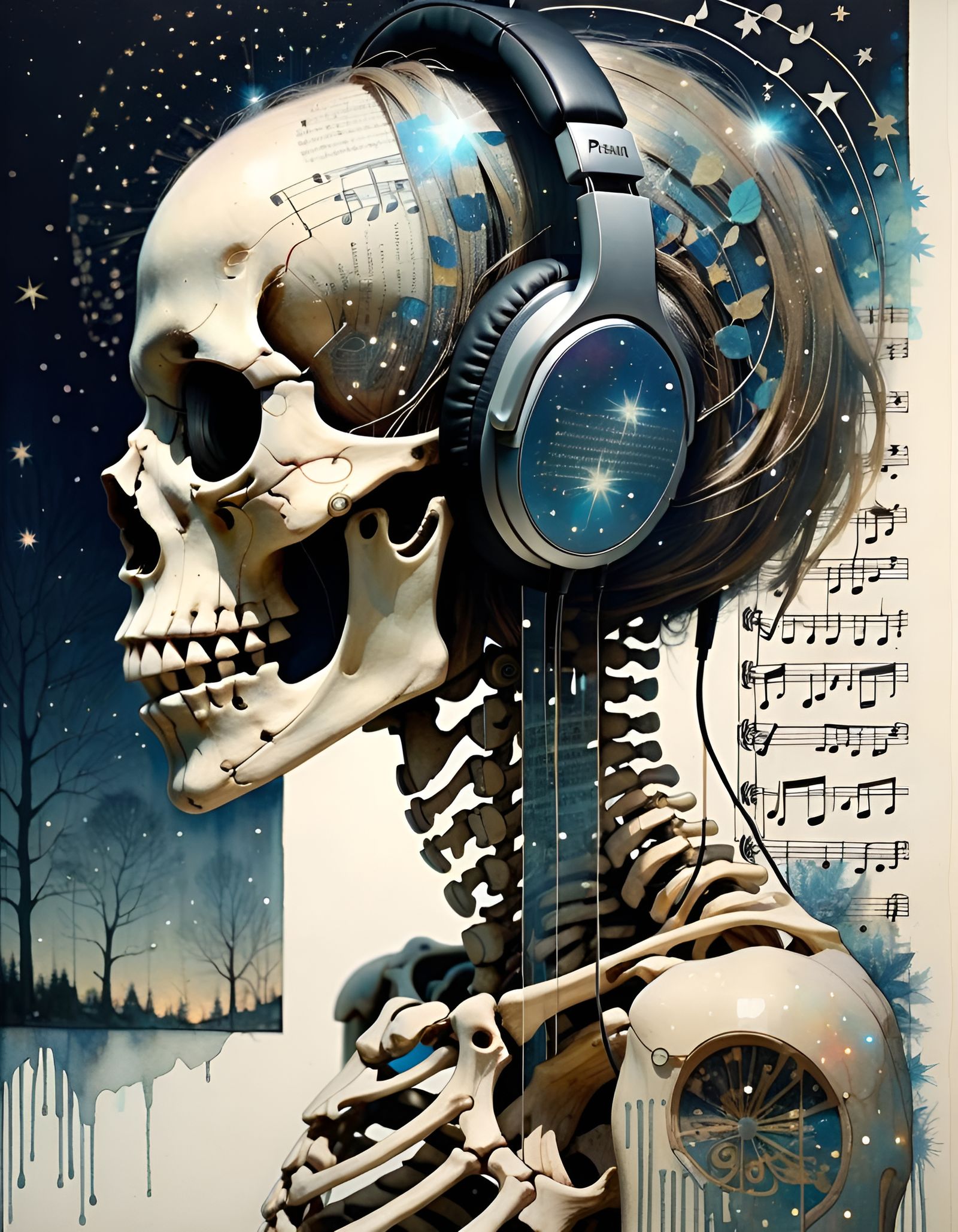 Skeleton DJ in Starry Night Fantasy Illustration