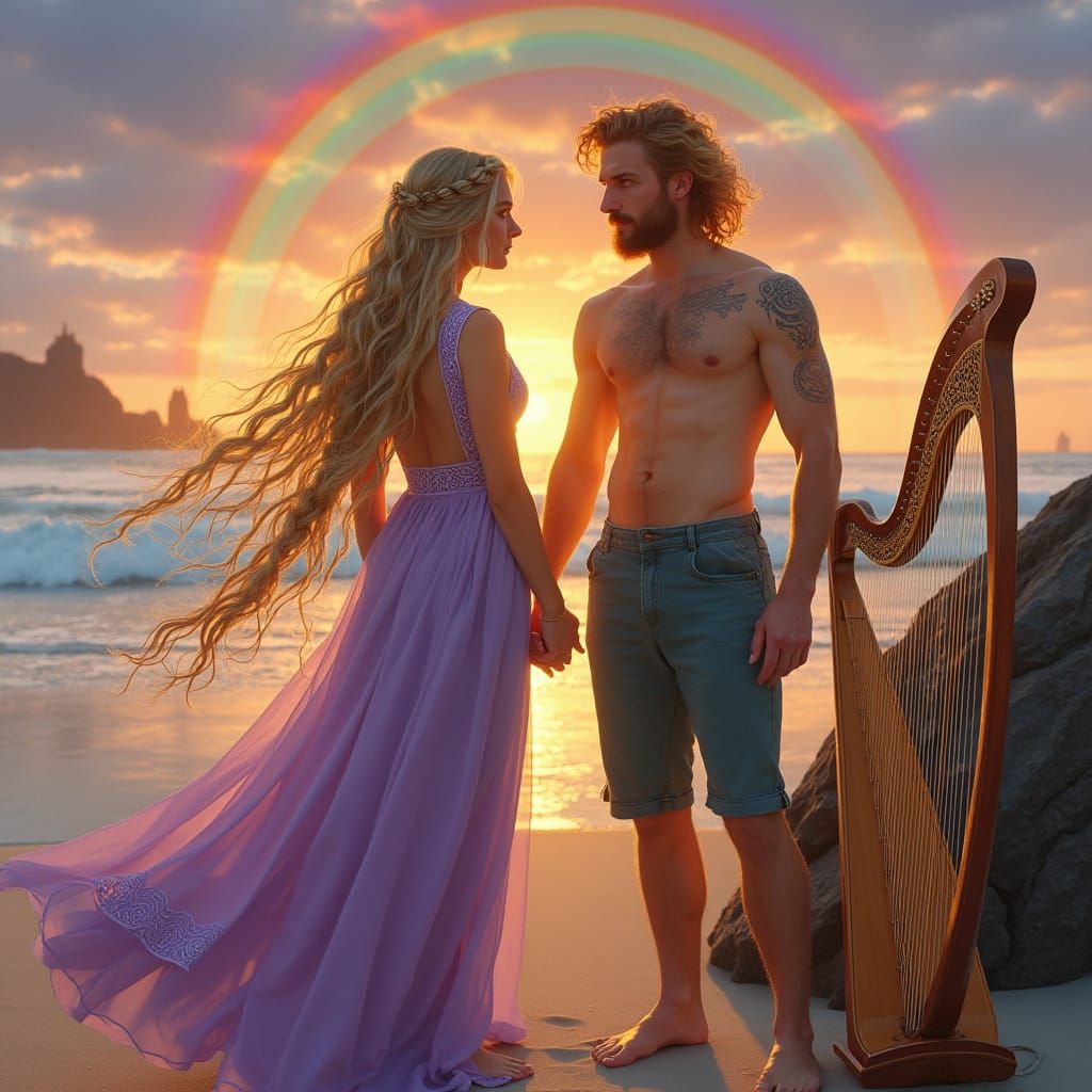 Ethereal Celtic Princess in Whimsical Beach Sunset