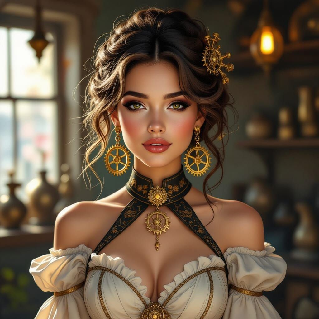 Steampunk Woman in Gear Shop, Art Nouveau and Expressionist ...