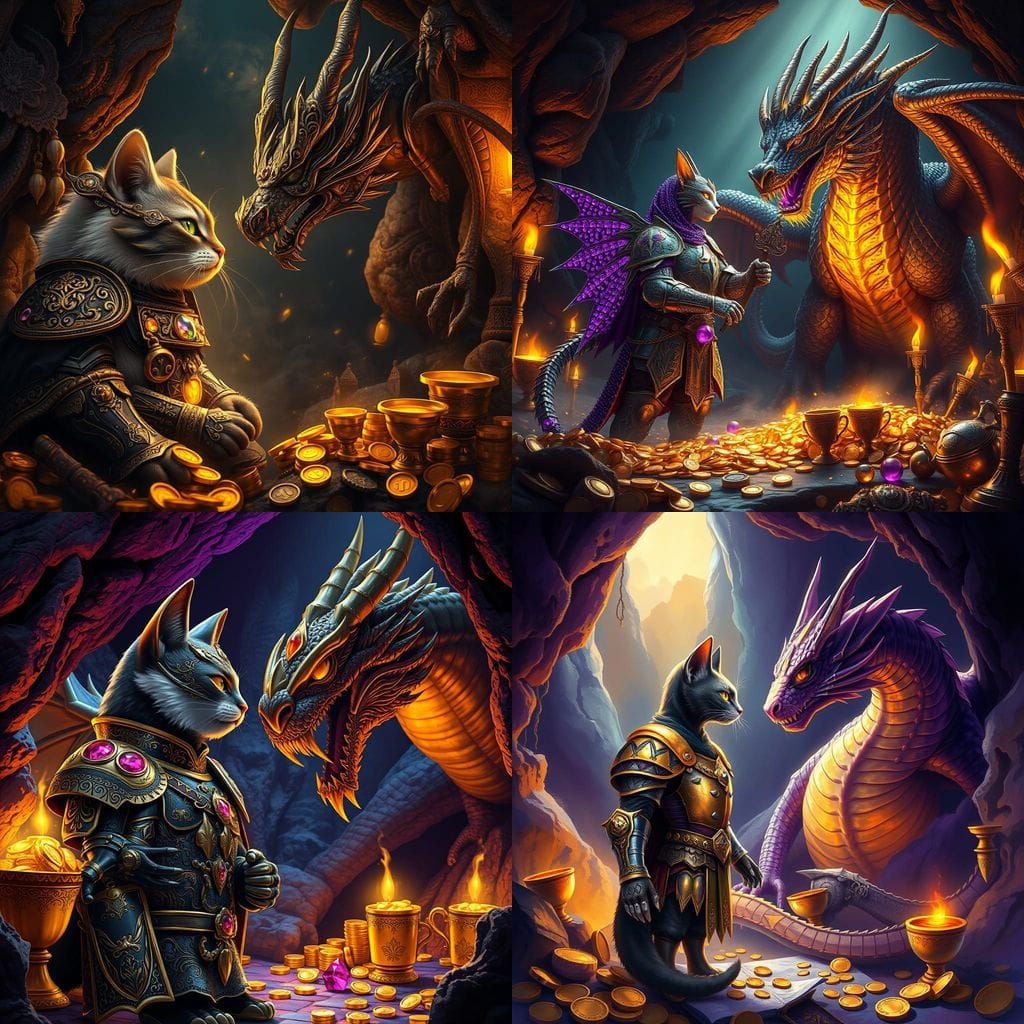 Furry Cat Faces Off Against Majestic Dragon in Treasure-Fill...