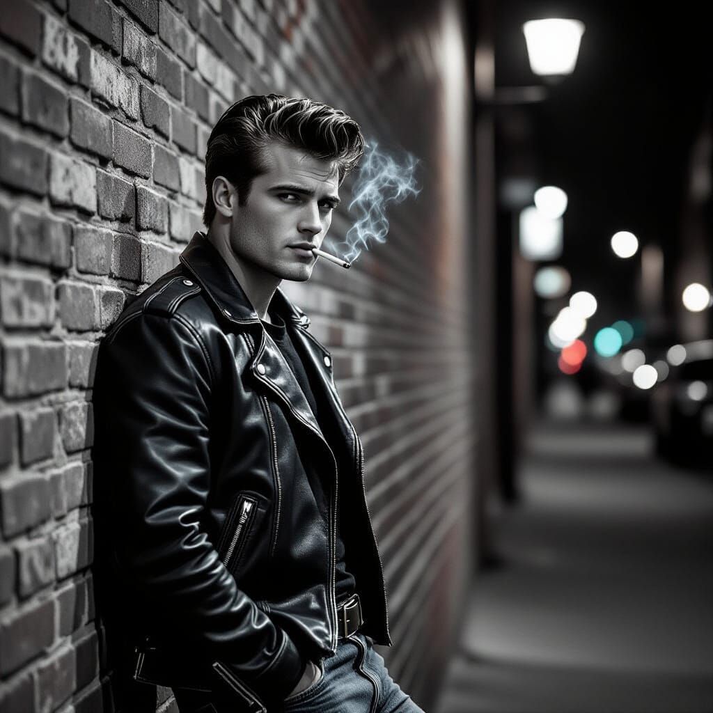 Black and White Photo of Young Man in Alleyway