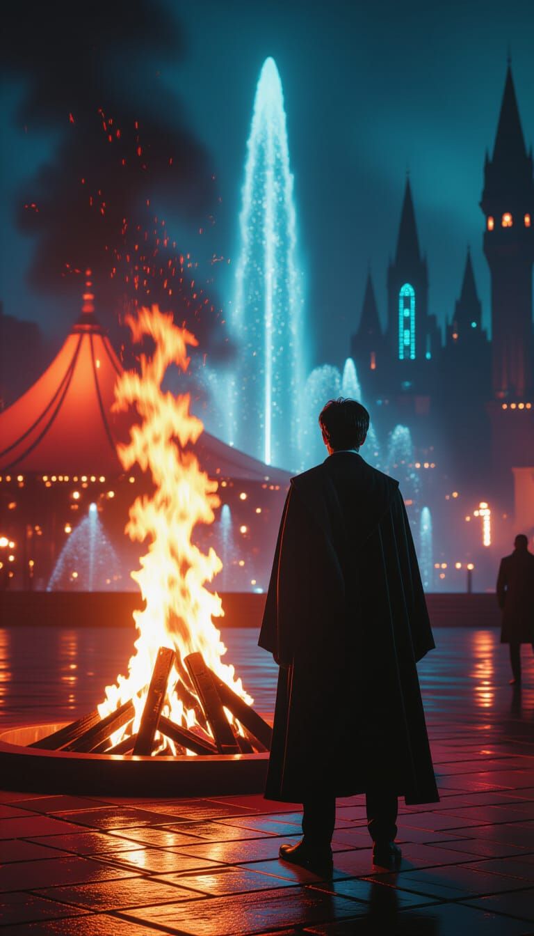 Cyberpunk Wizard by a Fiery Tent