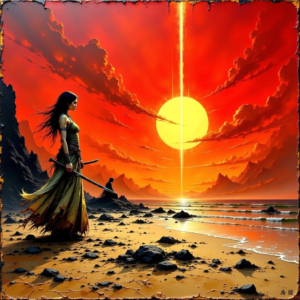 Warrior on a Crimson Shore: Impasto Painting