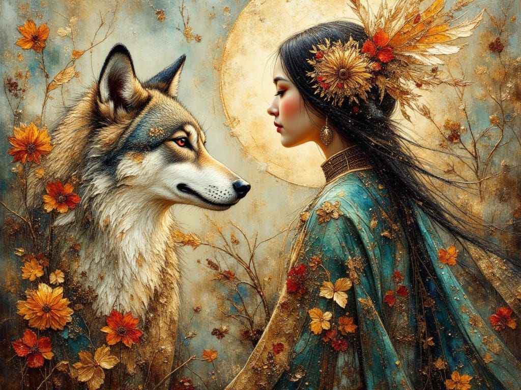 Native American Princess and Wolf in Impasto Style