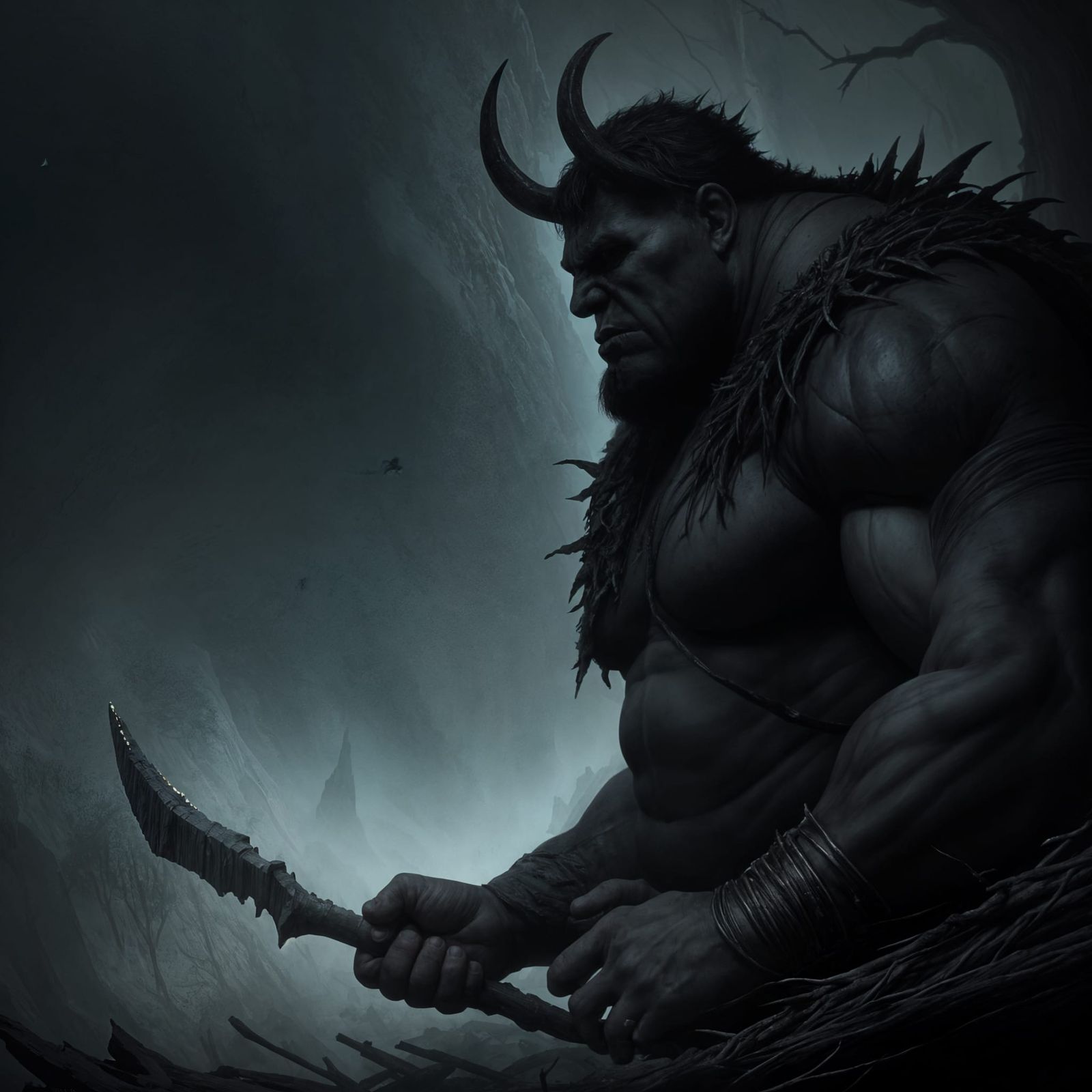 Hulk-like Ogre in Forest Canyon, Doré Style