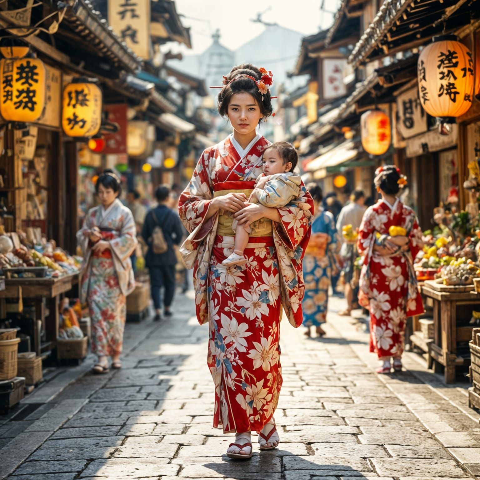 Tang Dynasty Market Scene with Mother and Child