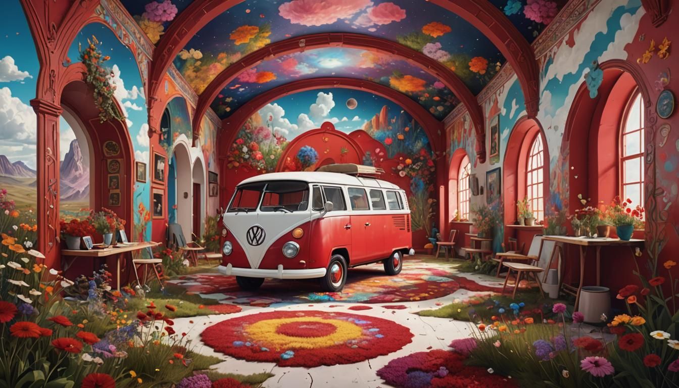 Psychedelic VW Van in Minimalist Dreamscape