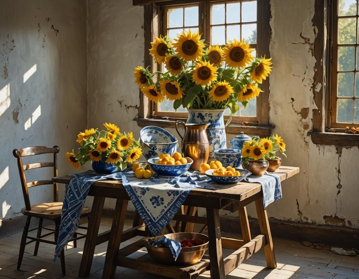 Sunflowers and Cherries in Magical Realism Style