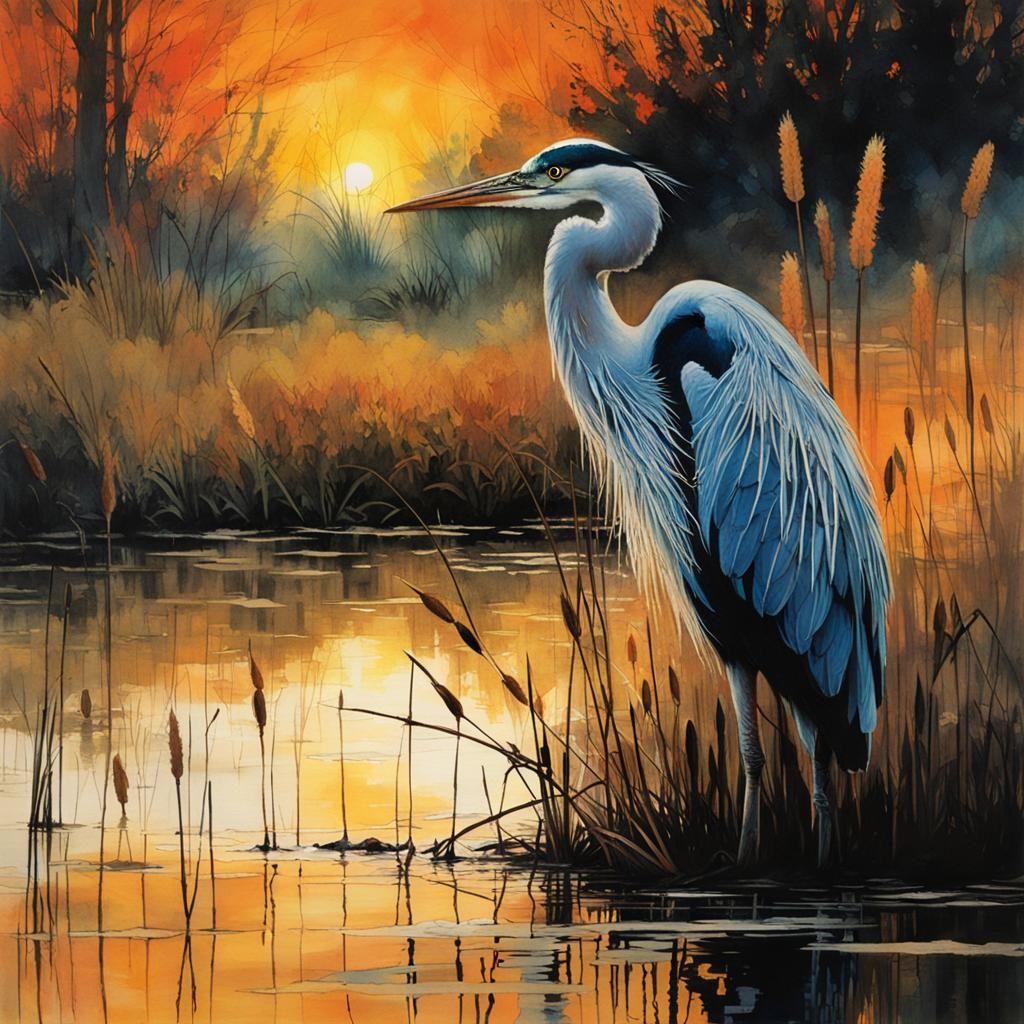Heron by Swampy River: Color Print Art