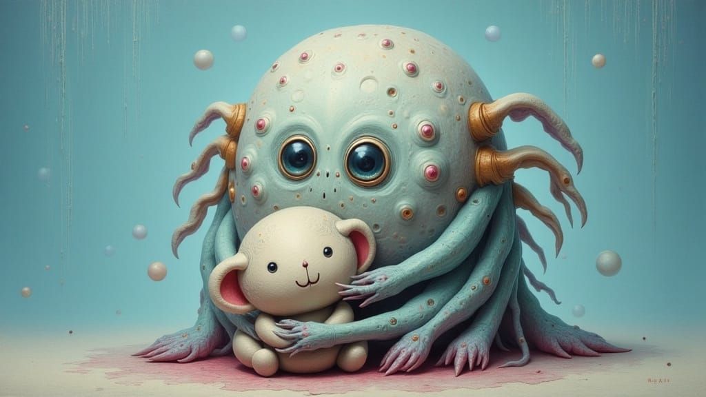 Whimsical Monster Hugs a Teddy Bear in Pastel Hues