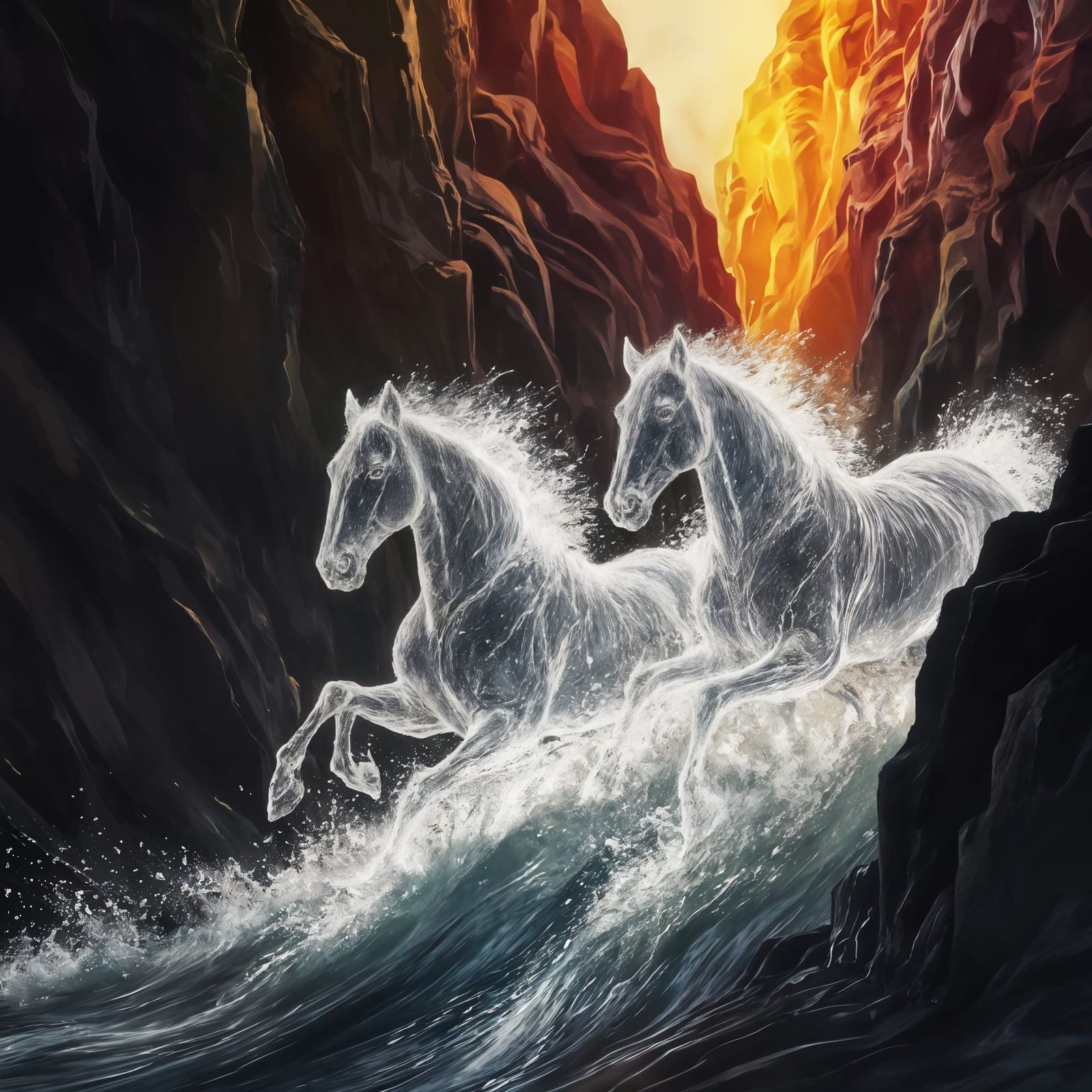 Dramatic Waterfall Horses in Mid-Shot