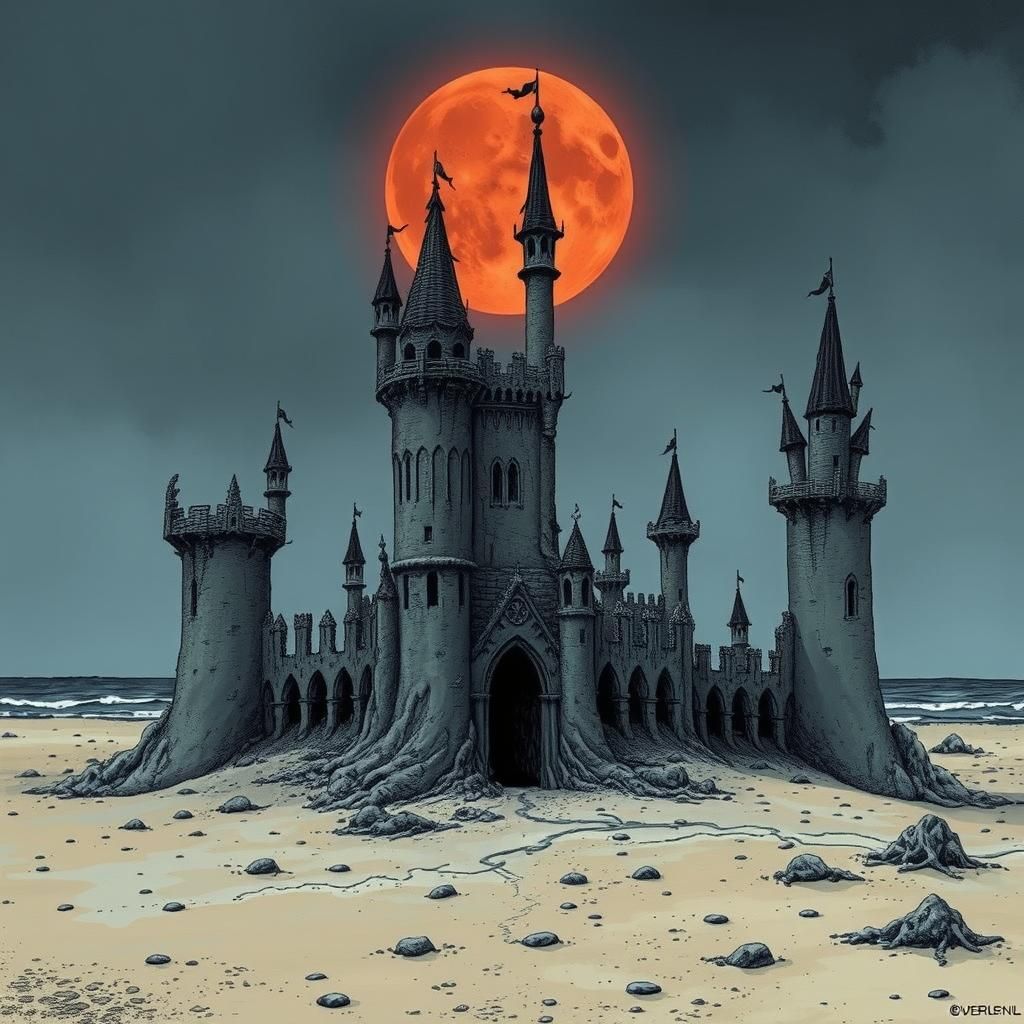 Eerie Sand Castle in Macabre Horror Style