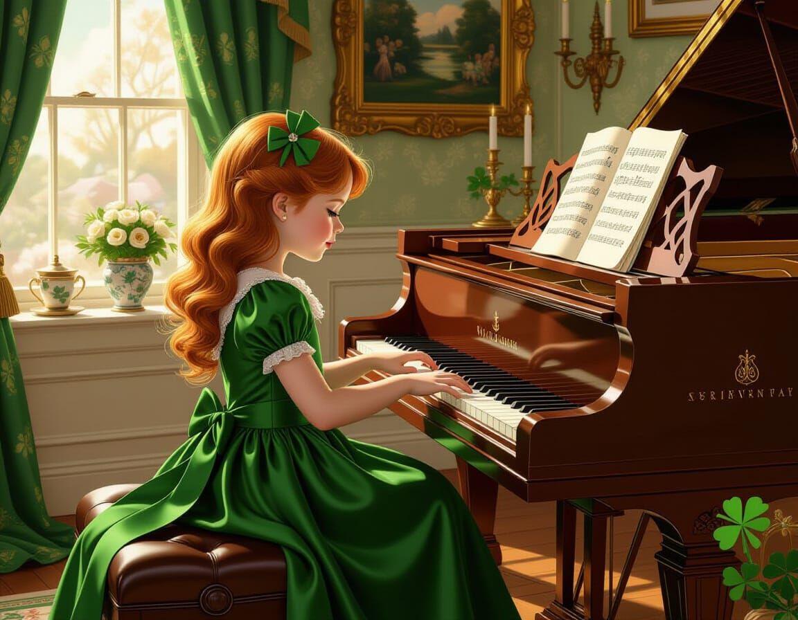 Redhead Girl Plays Piano Amidst Saint Patrick's Day Decor