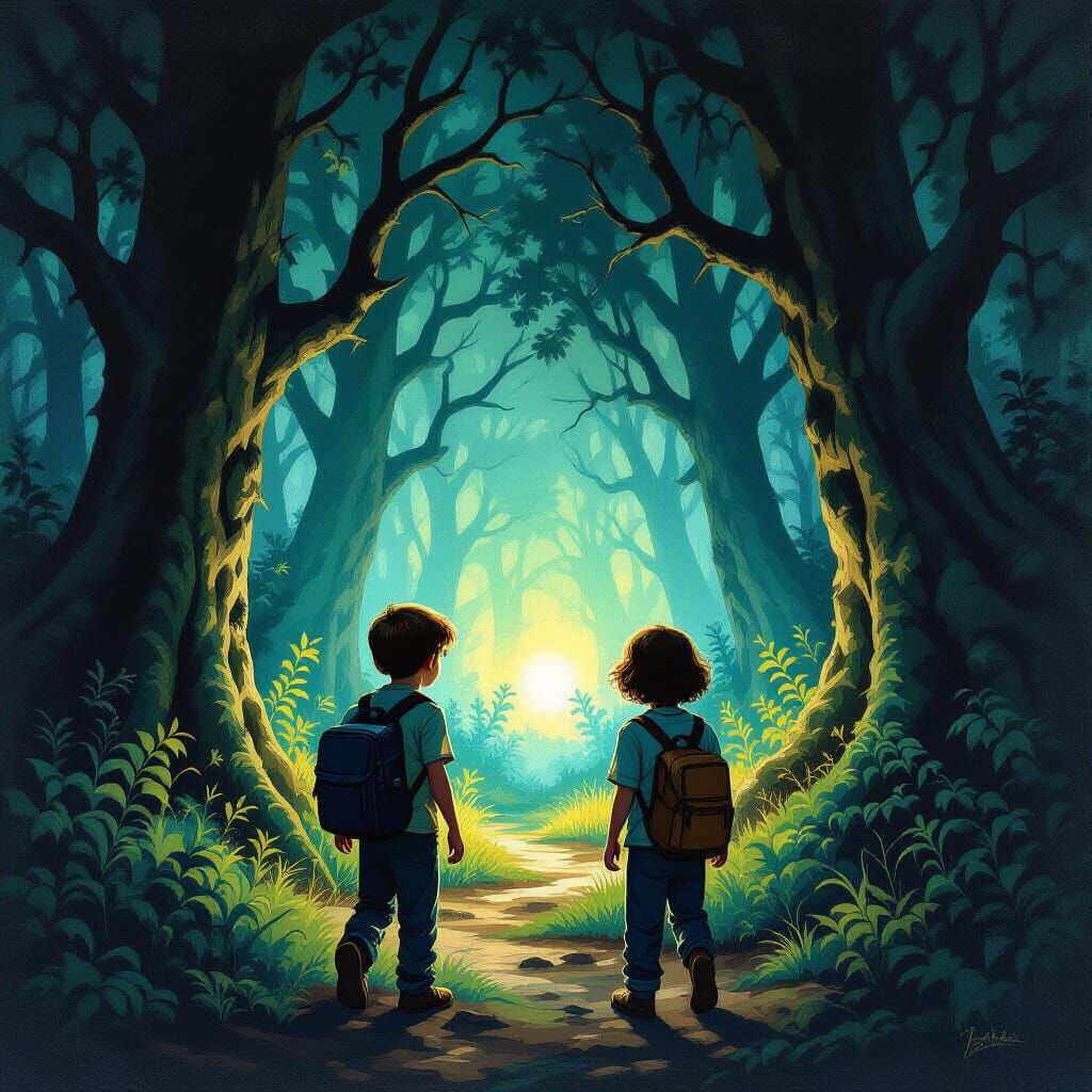 Children Explore Mysterious Forest Glow in Oil Painting Styl...