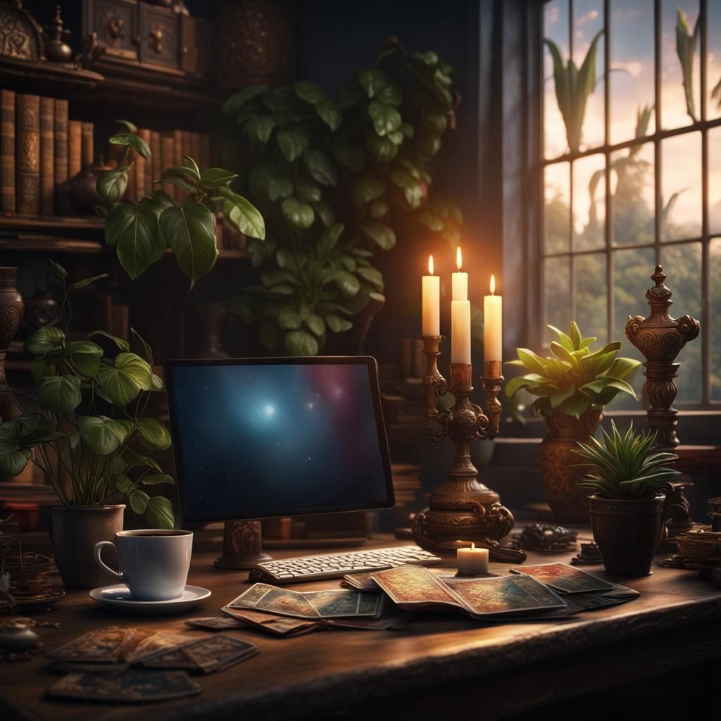 Cozy Desk Scene with Coffee and Tarot Card