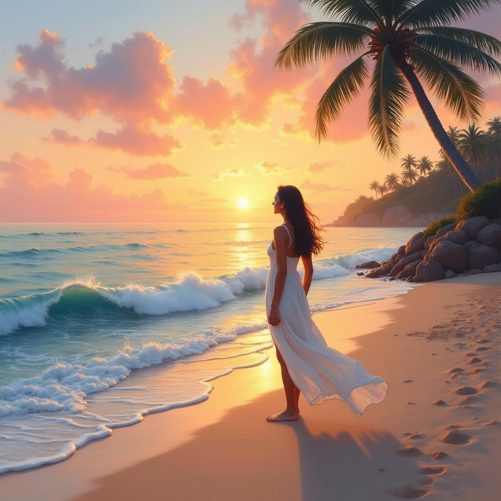 Woman Gazing at Sunset Ocean in Impressionist Style
