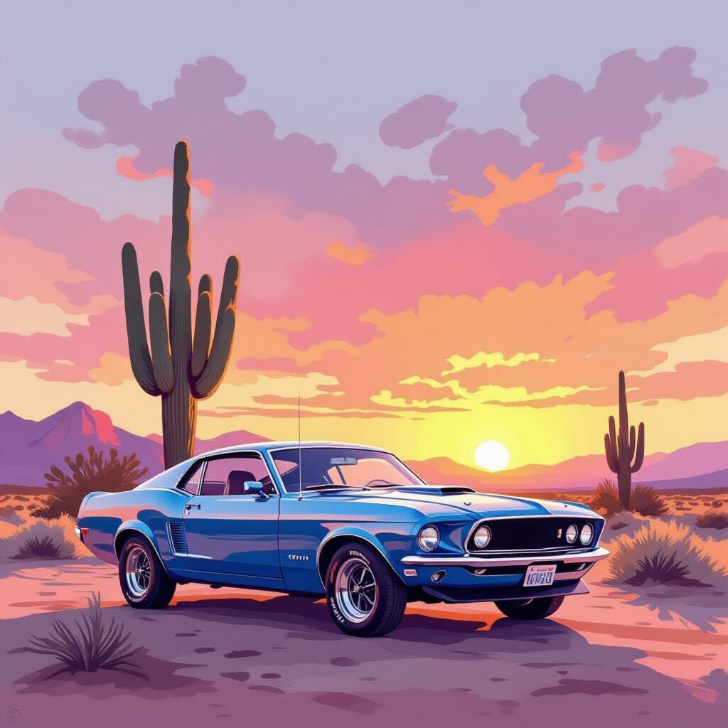 1960s Muscle Car in Desert Sunset Splash Art
