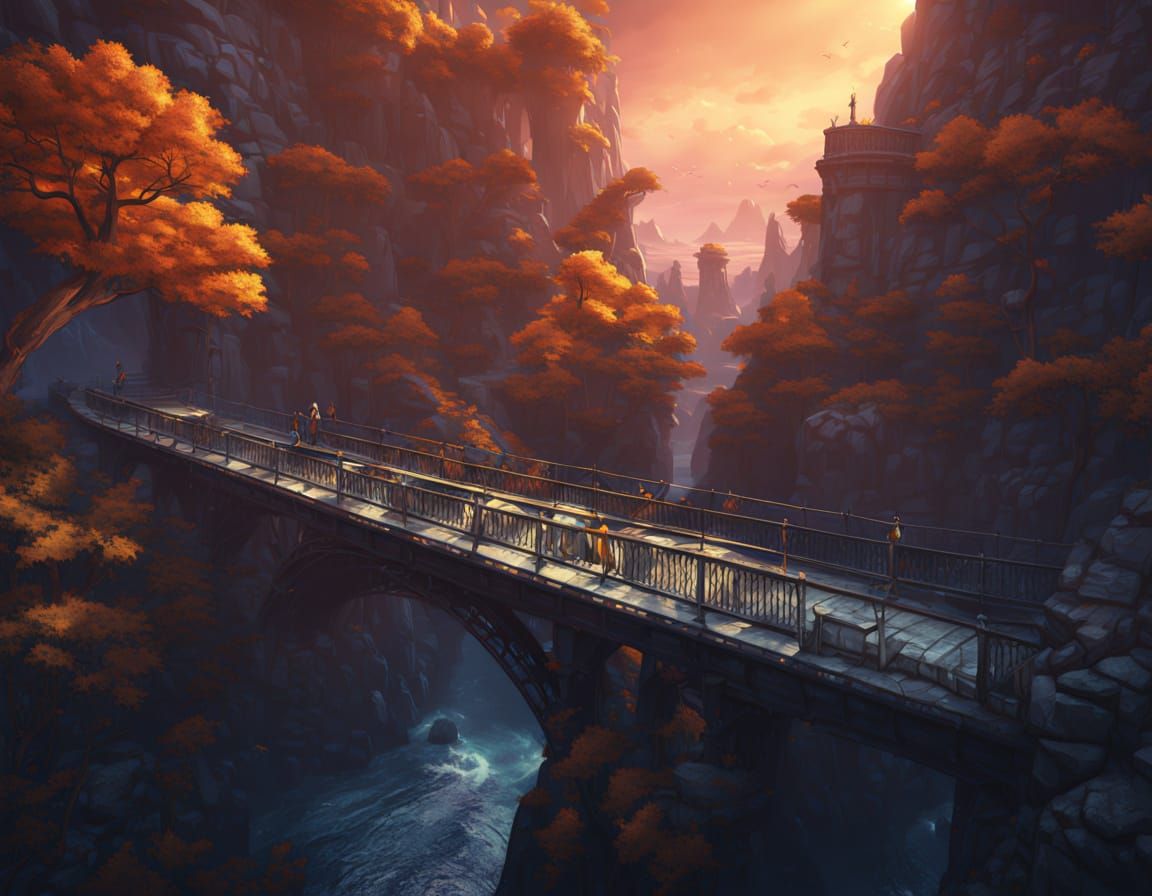 Mystical Bridge Amidst a Kaleidoscopic Landscape