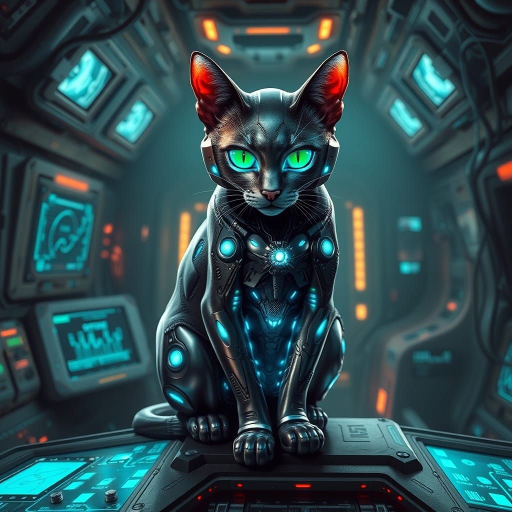 Cyberpunk Cat on Futuristic Space Station Console