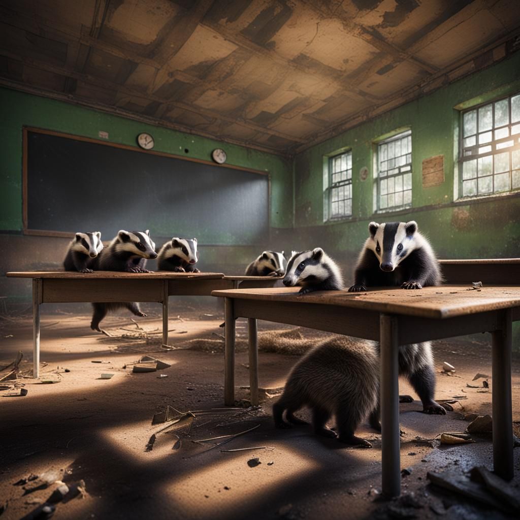 Badgers Frolicking in Abandoned School