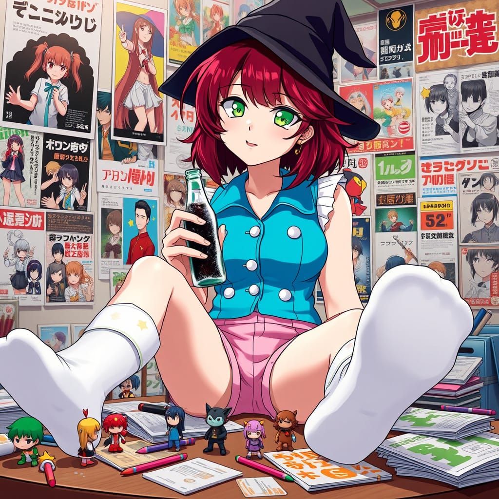Anime Girl in Witch's Hat with Cola and Anime Figurines