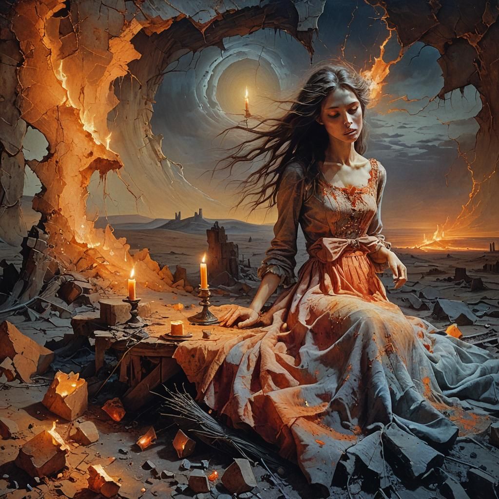 Girl at Candle-lit Table in Beksiński-Style Surrealism