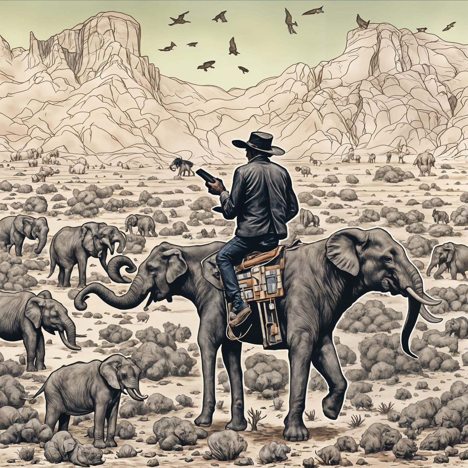Neo Cowboy Serenades Wolves and Elephants in Desert Wastelan...