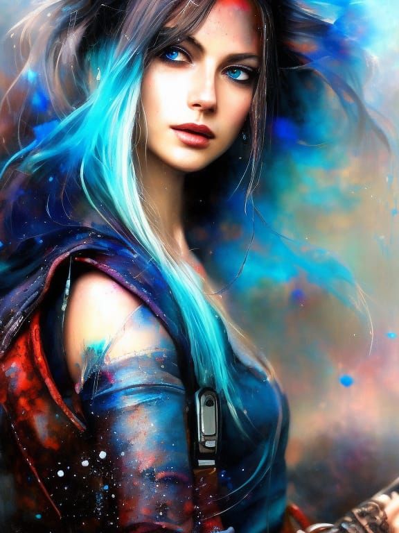 Woman with Headphones in Cosmic Cel-Shaded Style