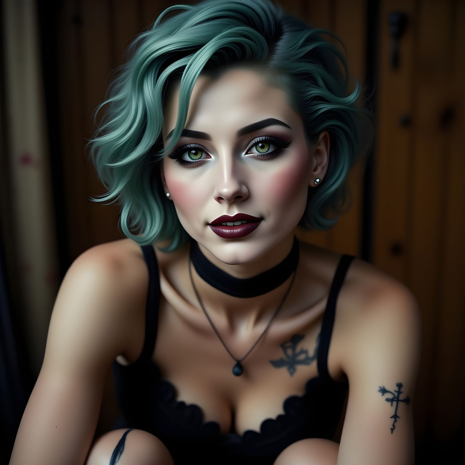 Gothic Woman Portrait with Teal Hair in Photo-Realism