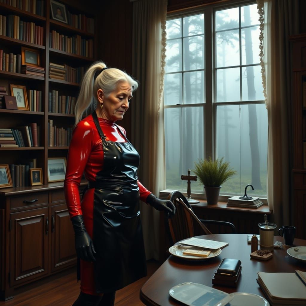 Elegant Woman in Red Latex Cleans Library