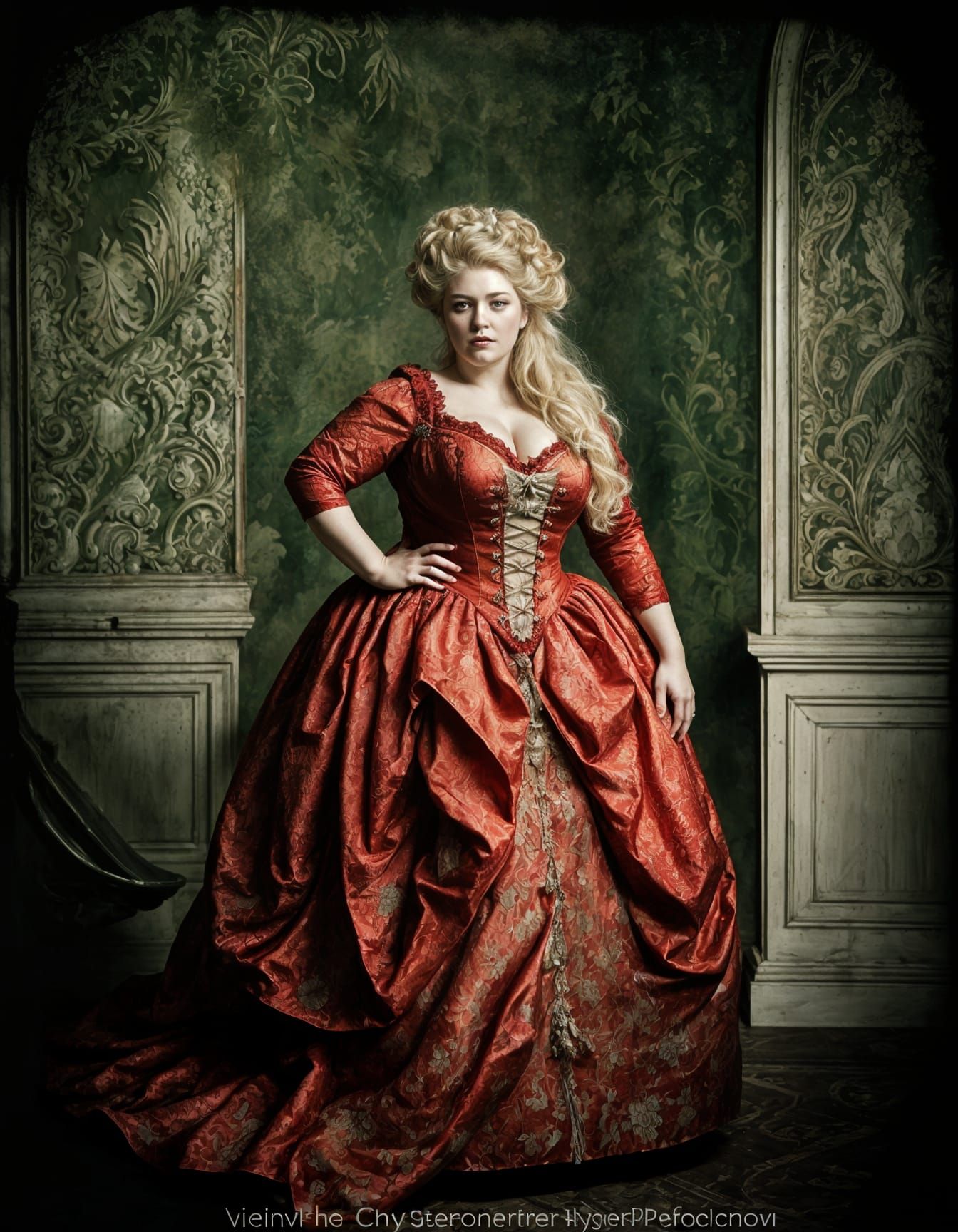 Stunning Woman in Red Rococo Gown, Fine Art